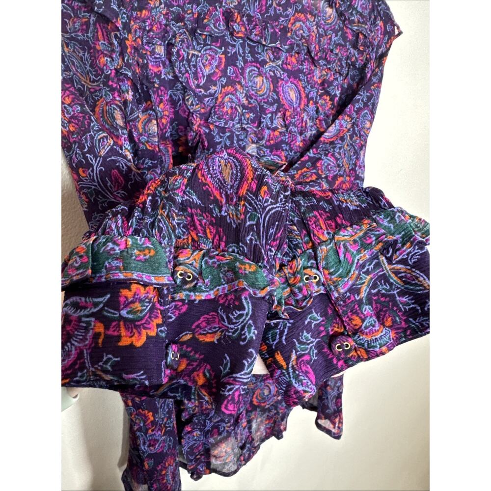 Cleobella Womens Peasant Blouse Ruffle Sheer Paisley Balloon Sleeve Boho S - Picture 9 of 13
